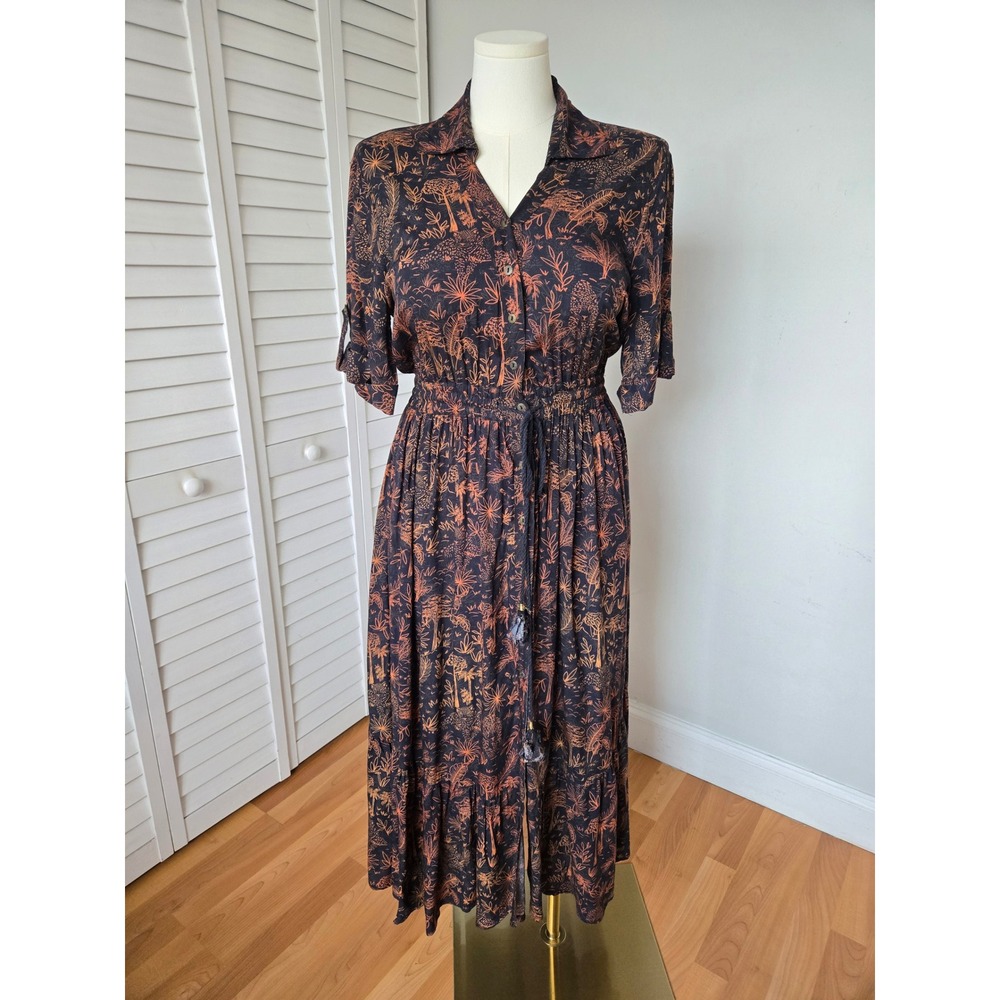 Z&L Black Rust Jungle Safari Print Maxi Dress L Eclectic Artsy Boho Chic Modest